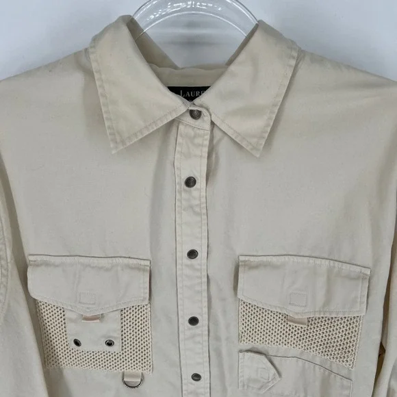 LAUREN Ralph Lauren Utility Shirt Women 2X Tan Cotton Twill Mesh Safari Pockets - Picture 2 of 15